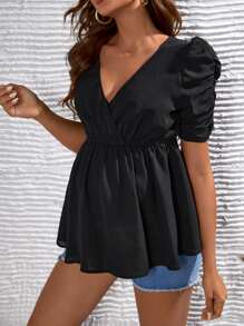 SHEIN Maternidad Blusa peplum de manga farol - Negro - Ver 5