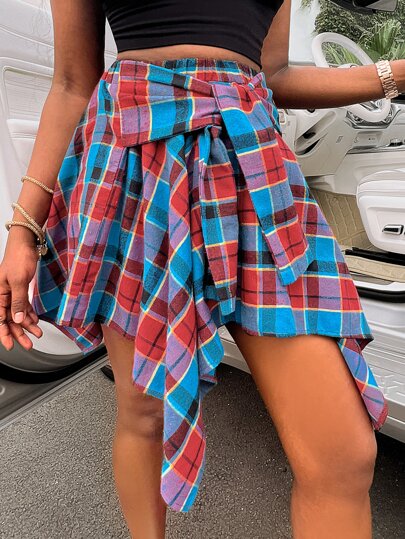 Plaid Knot Front Asymmetrical Hem Skirt