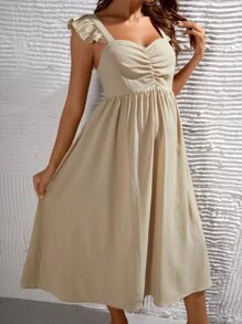 SHEIN Váy Bà bầu Xù Dải chun màu trơn Boho - Màu be - Xem 4