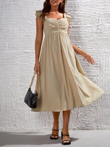 SHEIN Váy Bà bầu Xù Dải chun màu trơn Boho - Màu be - Xem 5