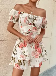 Breezaya Off-Shoulder Floral Romper With Puff Sleeves - Multicolor - View 5