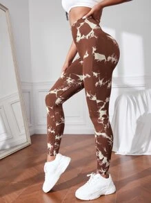 紮染寬腰帶運動打底褲 - 咖啡棕 - 查看 4