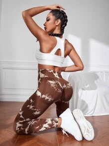 紮染寬腰帶運動打底褲 - 咖啡棕 - 查看 5