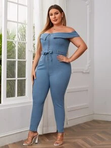 Petos mezclilla de hombros descubiertos con cremallera con cinturón - Azul lavado medio - Ver 3