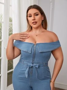 Petos mezclilla de hombros descubiertos con cremallera con cinturón - Azul lavado medio - Ver 5