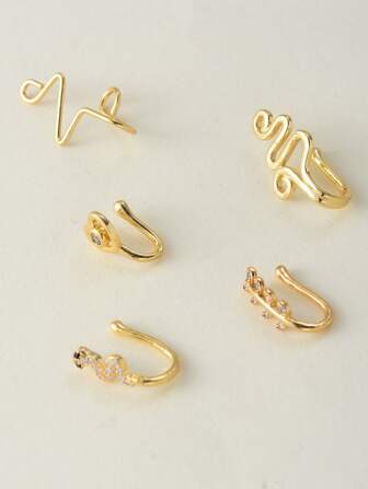 5pcs/set Copper, Rhinestone Decor Nose Cuff For Women And Men, Punk Non Piercing, A Fashionable Body Jewelry Gift For Any Occasion