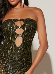 SHEIN BAE 金色潑墨印花緊身洋裝内附鏤空網眼緊身連衣褲 - 彩色 - 查看 4