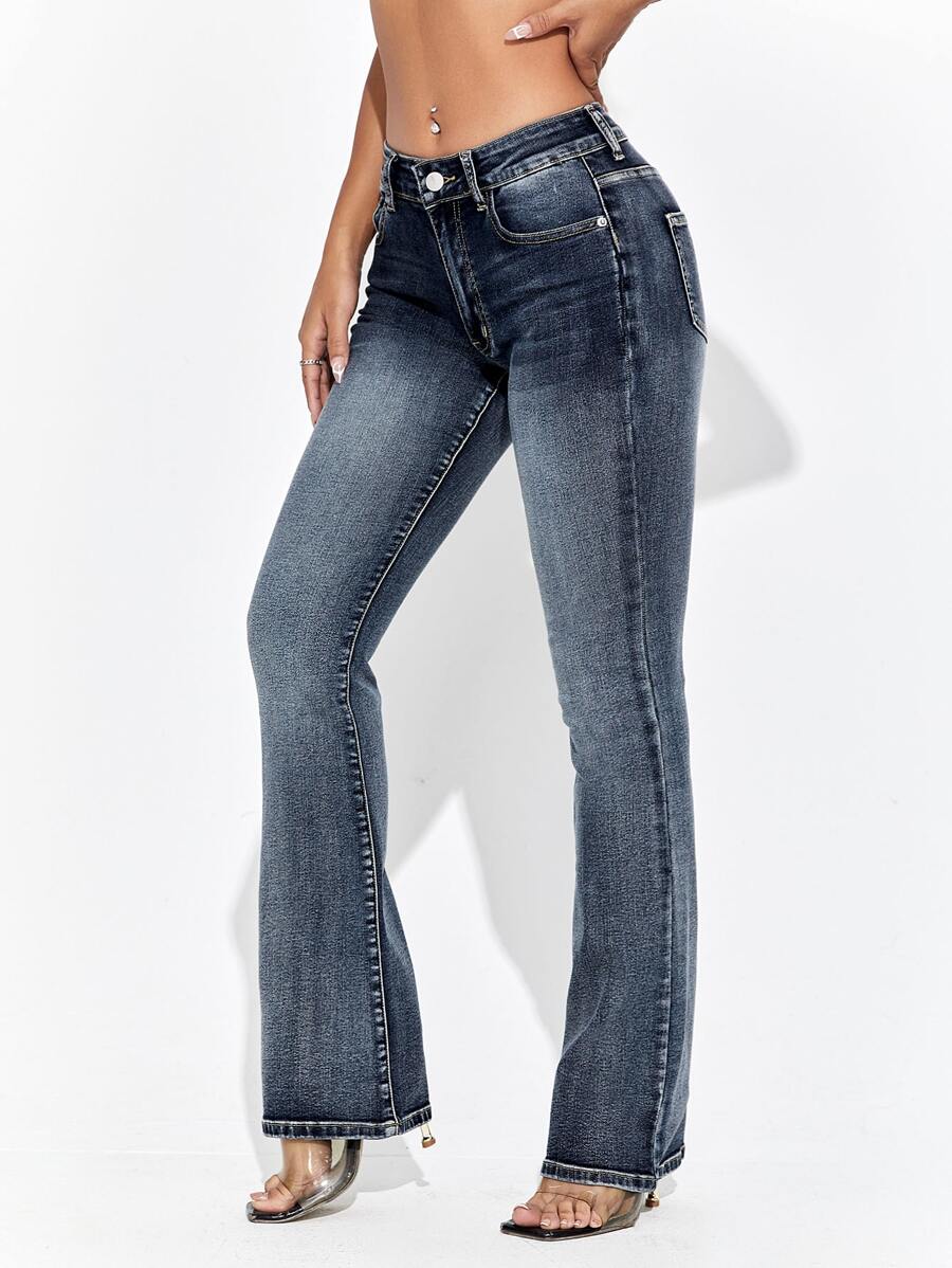 SHEIN Essnce Bleach Wash Flare Leg Jeans - Dark Wash - View 1