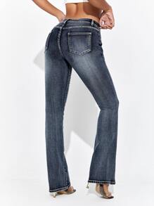 SHEIN Essnce Bleach Wash Flare Leg Jeans - Dark Wash - View 2