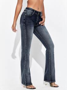SHEIN Essnce Bleach Wash Flare Leg Jeans - Dark Wash - View 3