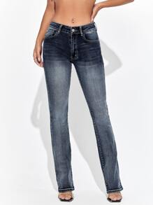 SHEIN Essnce Bleach Wash Flare Leg Jeans - Dark Wash - View 5