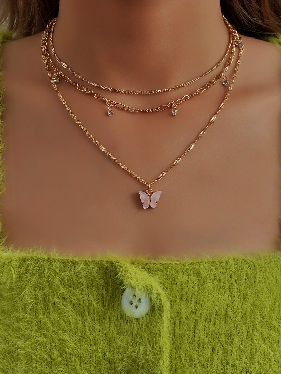 水鑽和蝴蝶墜飾多層次項鍊 - 彩色 - 查看 1