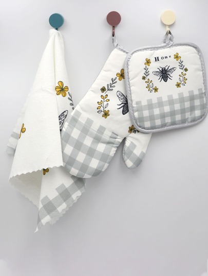 3pcs/set Bee Print Oven Mitt & Pot Holder & Hand Towel, Oven Mitts Linen Set For Home