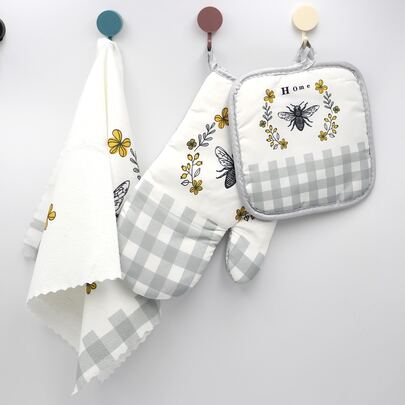 3pcs/set Bee Print Oven Mitt & Pot Holder & Hand Towel, Oven Mitts Linen Set For Home