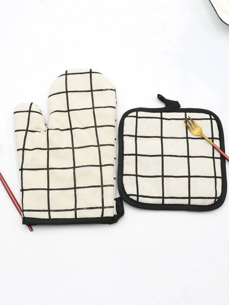 2 chiếc Bộ khăn trải nhà bếp họa tiết kẻ sọc - Đen và trắng - Xem 1