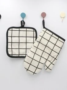 2 chiếc Bộ khăn trải nhà bếp họa tiết kẻ sọc - Đen và trắng - Xem 2