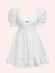 Soleia Puff Sleeve Backless Ruffle Hem Dress - White - View 1