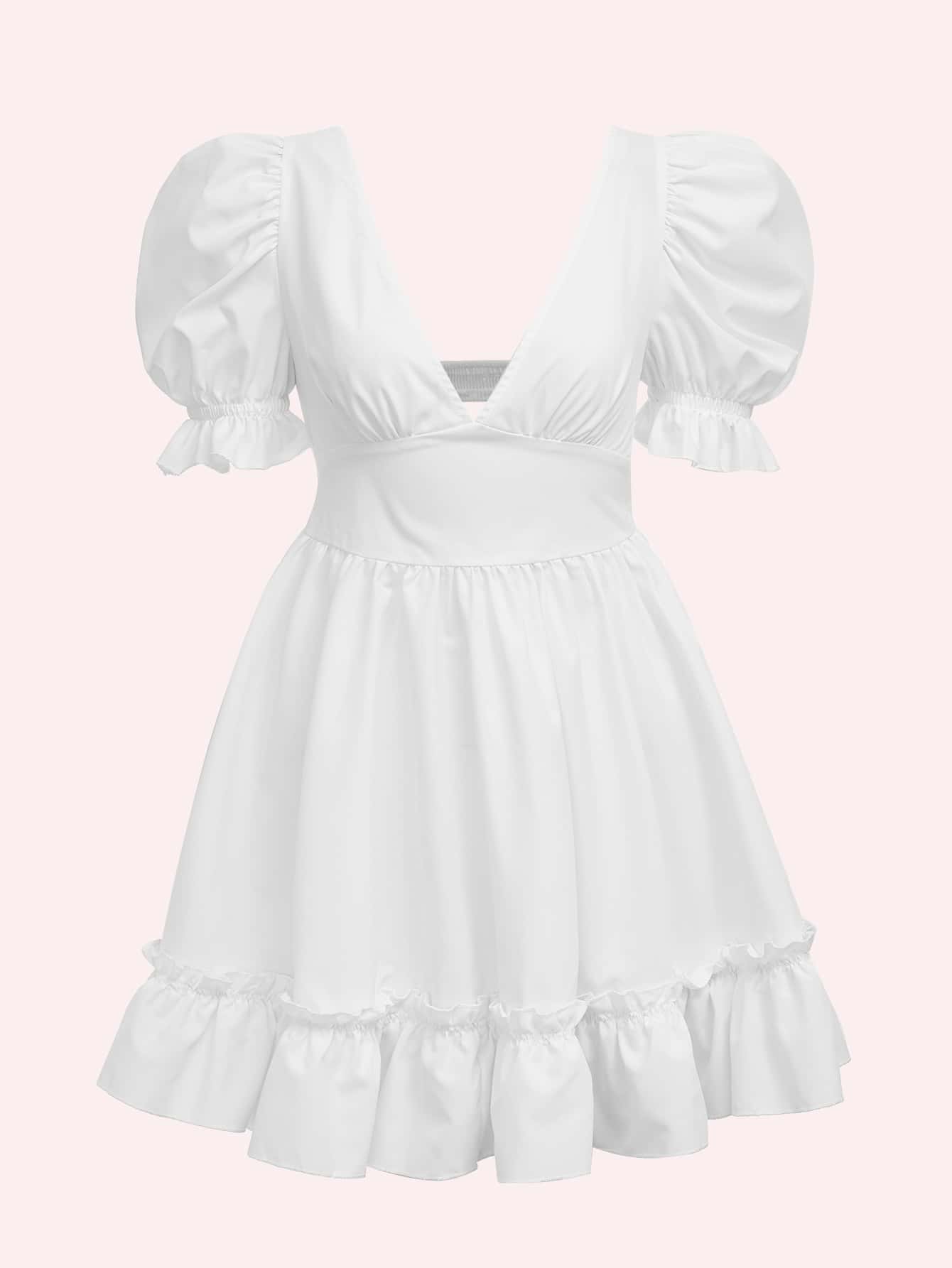 Soleia Puff Sleeve Backless Ruffle Hem Dress - White - View 1