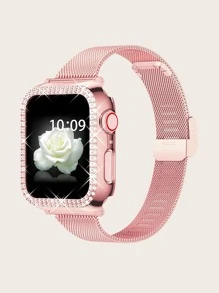 con diseño de diamante de imitación Funda & magnético Correa de reloj compatible con Apple Watch - Rosa - Ver 2