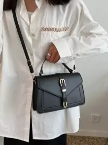 扣環裝飾翻蓋方形包時尚信封翻蓋斜挎包，PU 皮革純色方形單肩包，完美的日常使用斜挎包 - 黑色 - 查看 2