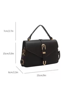 扣環裝飾翻蓋方形包時尚信封翻蓋斜挎包，PU 皮革純色方形單肩包，完美的日常使用斜挎包 - 黑色 - 查看 3