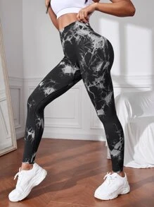 Yoga Trendy Nhuộm buộc Xà cạp yoga Liền mạch Căng cao Kiểm soát bụng Quần bó huấn luyện - màu đen - Xem 1