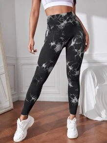 Yoga Trendy Nhuộm buộc Xà cạp yoga Liền mạch Căng cao Kiểm soát bụng Quần bó huấn luyện - màu đen - Xem 2