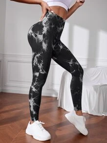 Yoga Trendy Nhuộm buộc Xà cạp yoga Liền mạch Căng cao Kiểm soát bụng Quần bó huấn luyện - màu đen - Xem 3