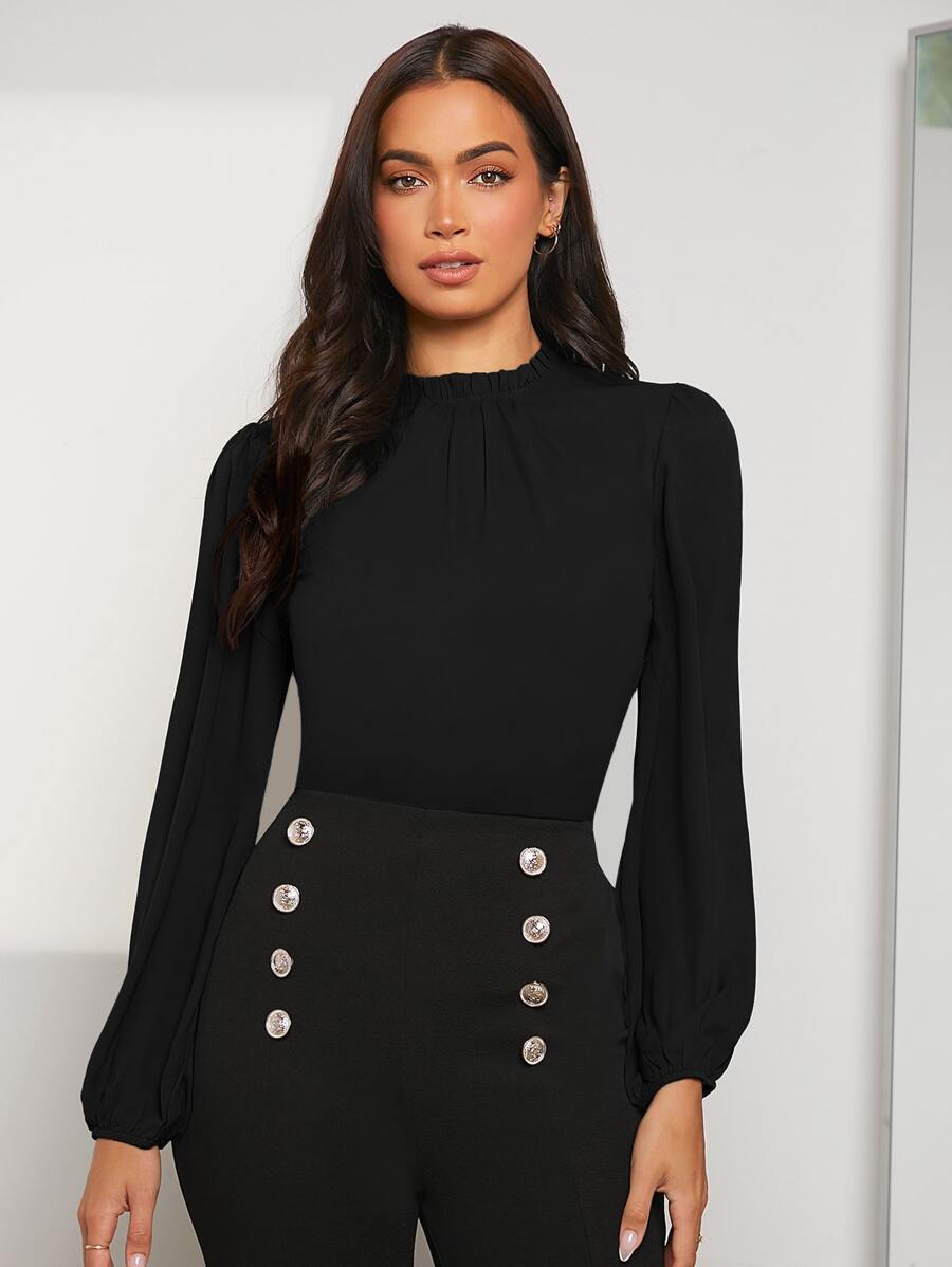 SHEIN Clasi Áo sơ mi nữ Nút viền lá sen màu trơn Thanh lịch