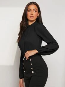 SHEIN Clasi Áo sơ mi nữ Nút viền lá sen màu trơn Thanh lịch - màu đen - Xem 4