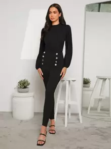 SHEIN Clasi Áo sơ mi nữ Nút viền lá sen màu trơn Thanh lịch - màu đen - Xem 5