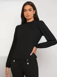 SHEIN Clasi Áo sơ mi nữ Nút viền lá sen màu trơn Thanh lịch - màu đen - Xem 6