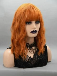 14英寸橘色短捲髮人造假髮帶劉海,女士假髮