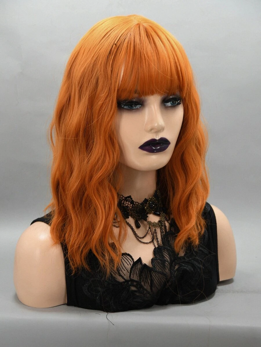 14英寸橘色短捲髮人造假髮帶劉海,女士假髮