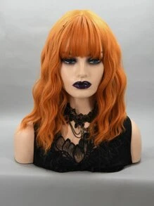 14英寸橘色短捲髮人造假髮帶劉海,女士假髮