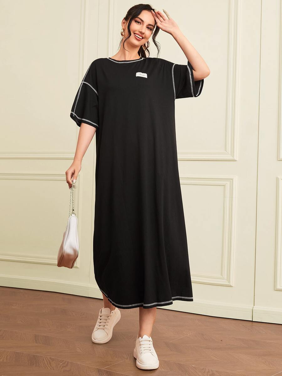 SHEIN Patch Detail Top-stitching Drop Shoulder Maxi Tee Dress - Black - View 1