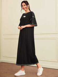 SHEIN Patch Detail Top-stitching Drop Shoulder Maxi Tee Dress - Black - View 3