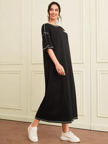 SHEIN Patch Detail Top-stitching Drop Shoulder Maxi Tee Dress - Black - View 4
