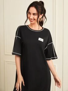 SHEIN Patch Detail Top-stitching Drop Shoulder Maxi Tee Dress - Black - View 5