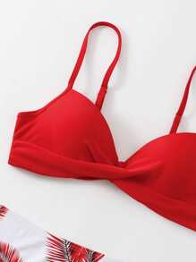 Summer Leaf Print Twist Push Up Bikini Set - Red - View 3