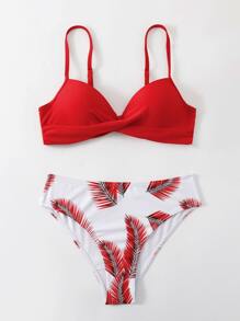 Summer Leaf Print Twist Push Up Bikini Set - Red - View 5