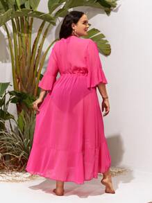 SHEIN Swim Curve Plus Tie Front Sheer Kimono, For Summer Beach Vacation - Hot Pink - View 2