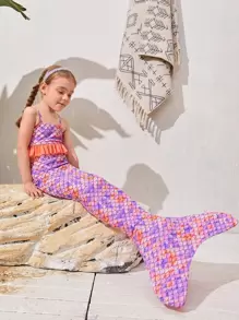 SHEIN 少女三件套魚鱗印花荷葉邊人魚尾巴套裝 - 彩色 - 查看 3