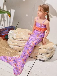 SHEIN 少女三件套魚鱗印花荷葉邊人魚尾巴套裝 - 彩色 - 查看 5