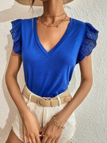 SHEIN Frenchy Camiseta de manga con bordado con ojal escote V - azul real - Ver 1