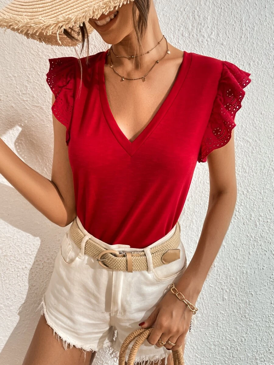SHEIN Frenchy Camiseta de manga con bordado con ojal escote V - Rojo - Ver 1