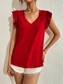 SHEIN Frenchy Camiseta de manga con bordado con ojal escote V - Rojo - Ver 3