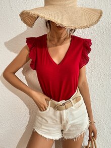 SHEIN Frenchy Camiseta de manga con bordado con ojal escote V - Rojo - Ver 4