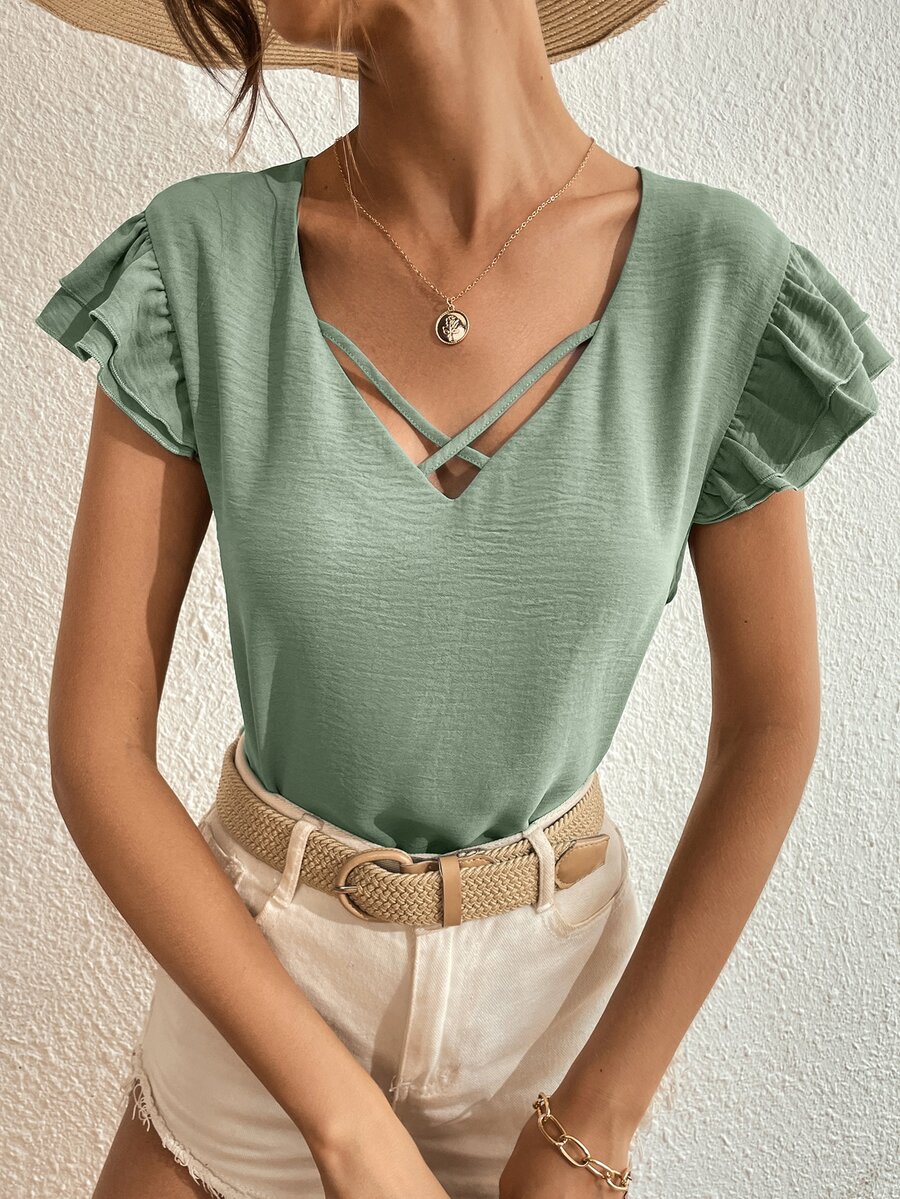 SHEIN Unity Crisscross Butterfly Sleeve Blouse - Mint Green - View 1