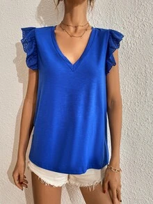 SHEIN Frenchy Camiseta de manga con bordado con ojal escote V - azul real - Ver 5